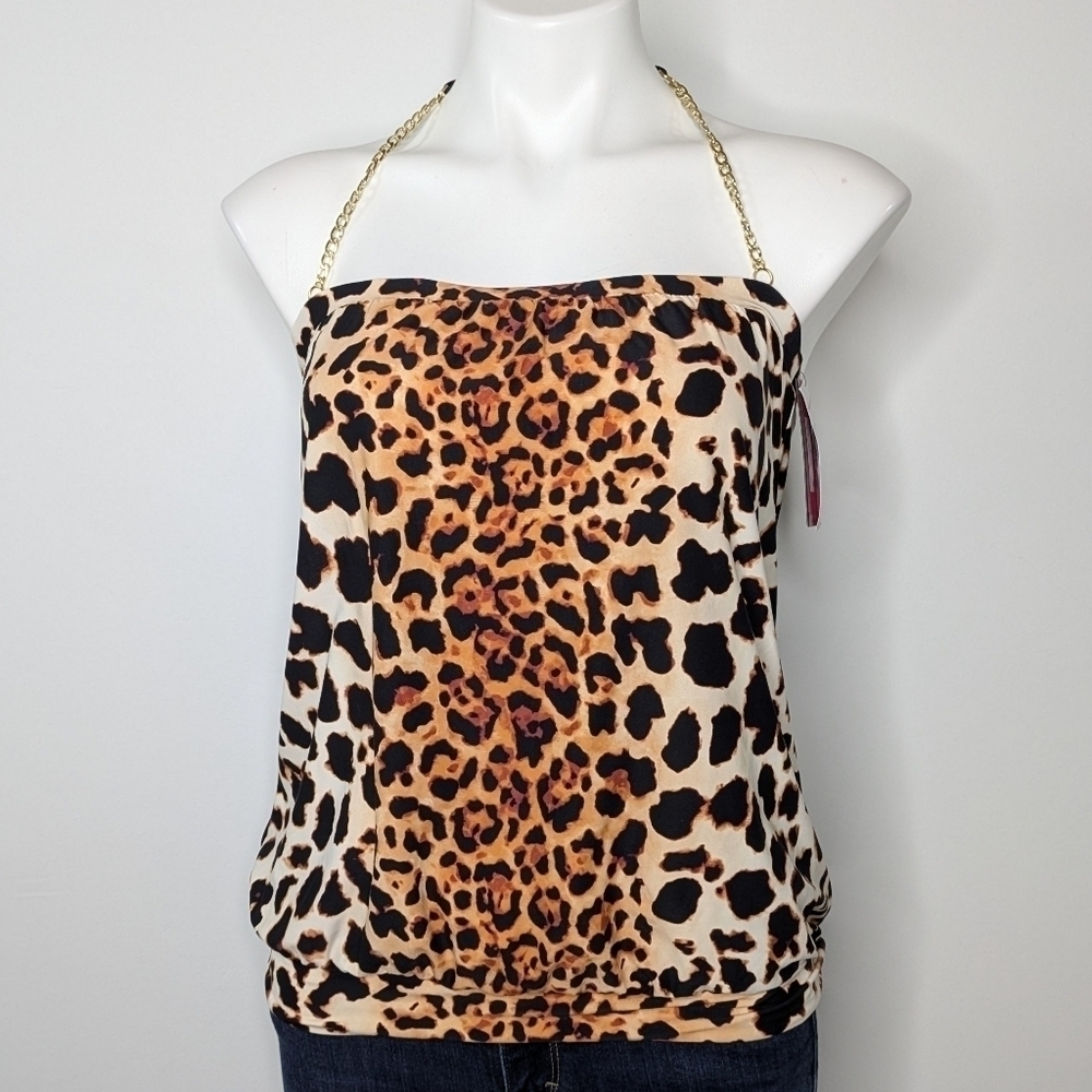 NWT Vince Camuto brown black leopard animal print tie back halter bikini top M